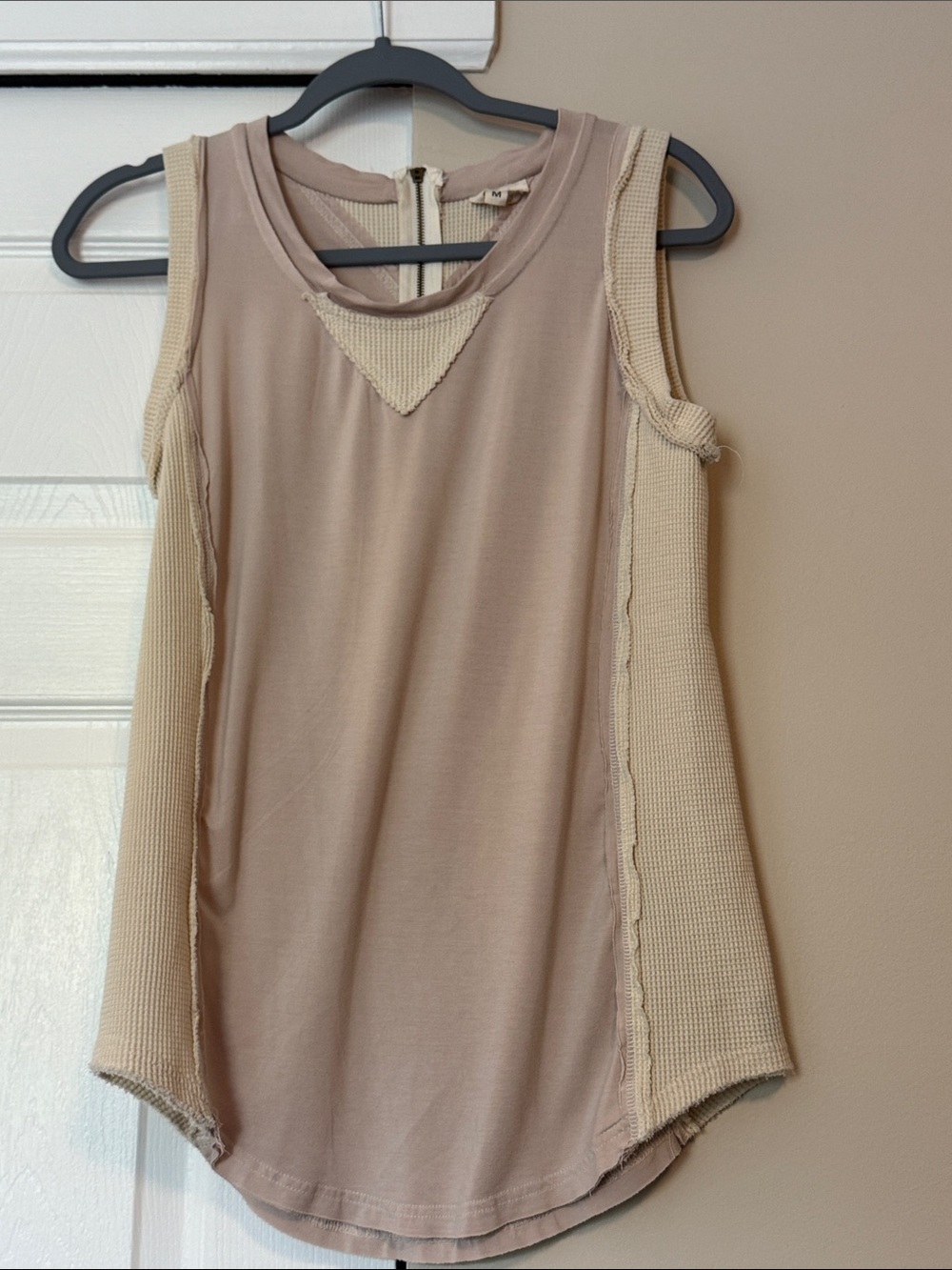 POL Layered Knit-Panel Tank Top - Taupe & Cream